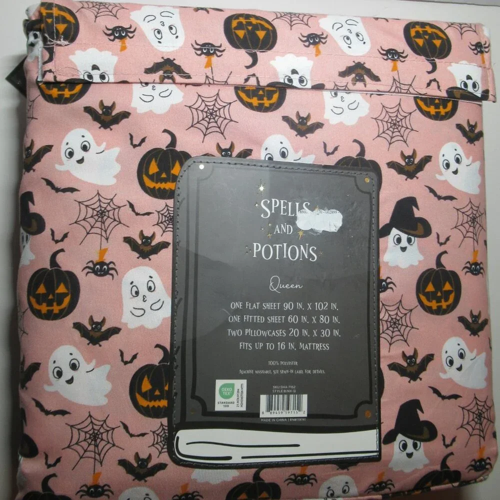 Spells And Potions Queen Size Pink Sheet Set Ghost Bat Pumpkin Web Halloween New